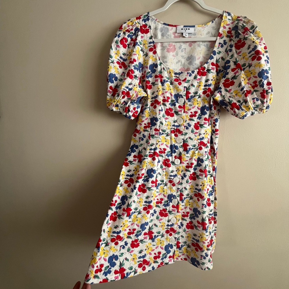 RIXO Floral Mini Dress Size 4 Puff Sleeve Button Front Eurosummer Linen Blend